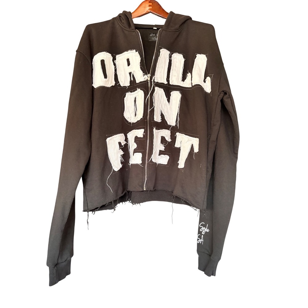 Drill Style USA Distressed Cropped Zip Up Hoodie‎ Mens Size M